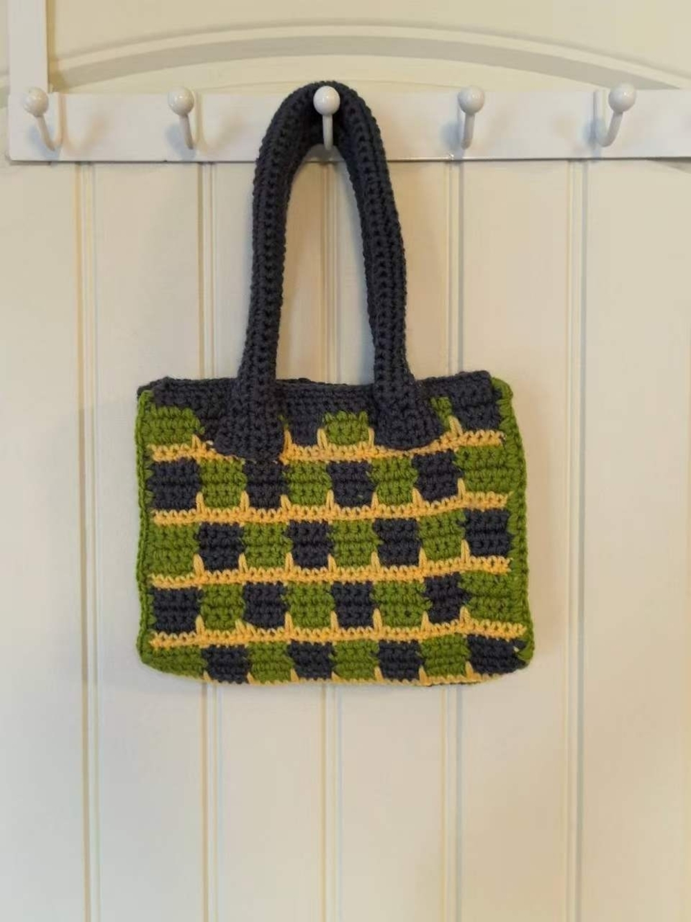 Handmade Crochet Checkerboard Tote Bag in Green, Yellow & Charcoal